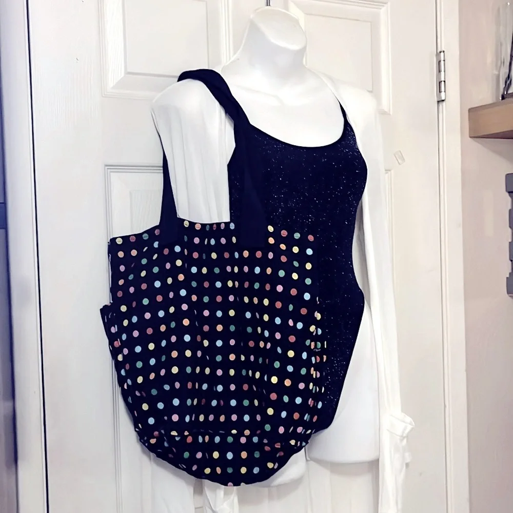 Roxy Black Multi Color Polka Dot Canvas Grocery Tote Book Laptop Beach Pool Bag